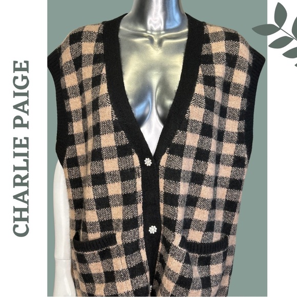 Charlie Paige Oversized Checker Sweater Vest Taupe Black Rhinestone Button XS - Picture 4 of 7